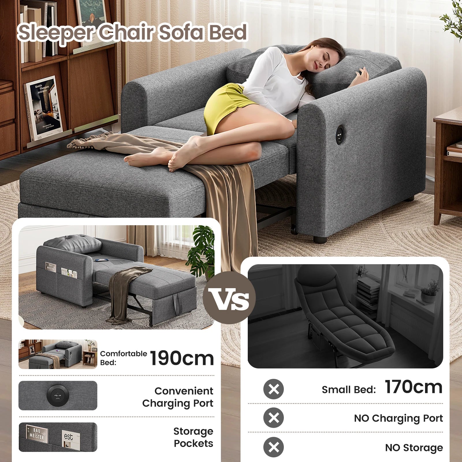 Single Sofa Bed, 3-in-1 Convertible Pull Out Sleeper Sofa Bed Chair with USB Ports & Side Pocket for Living Room, Guest Room