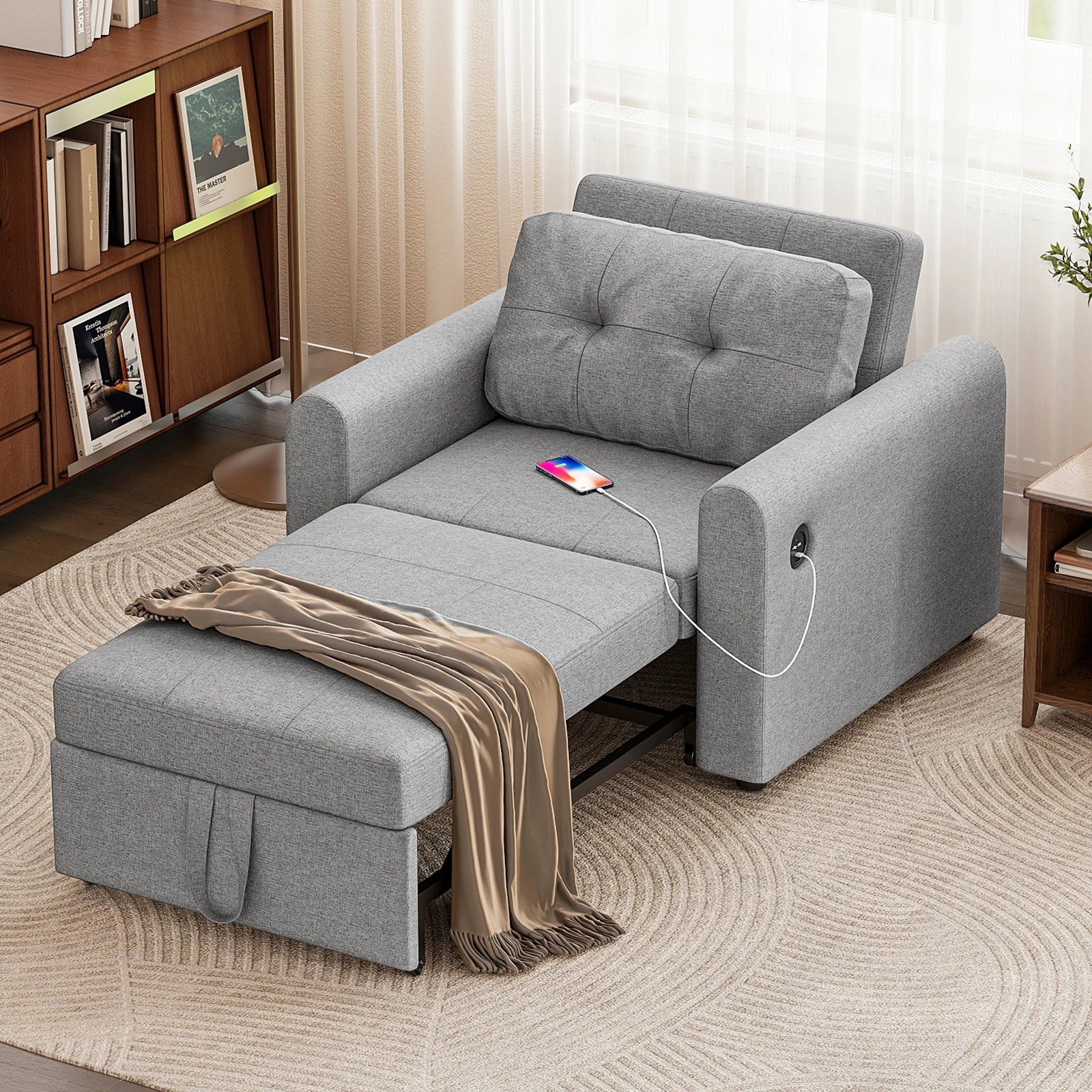Single Sofa Bed, 3-in-1 Convertible Pull Out Sleeper Sofa Bed Chair with USB Ports & Side Pocket for Living Room, Guest Room