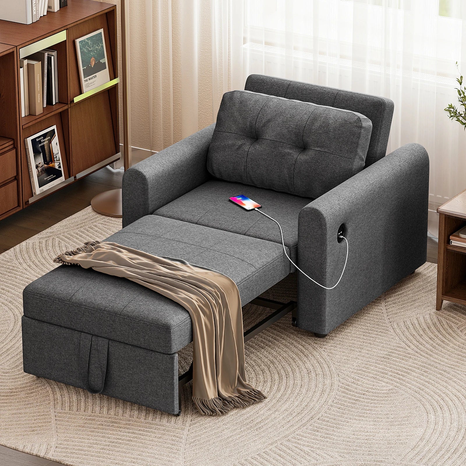 Single Sofa Bed, 3-in-1 Convertible Pull Out Sleeper Sofa Bed Chair with USB Ports & Side Pocket for Living Room, Guest Room