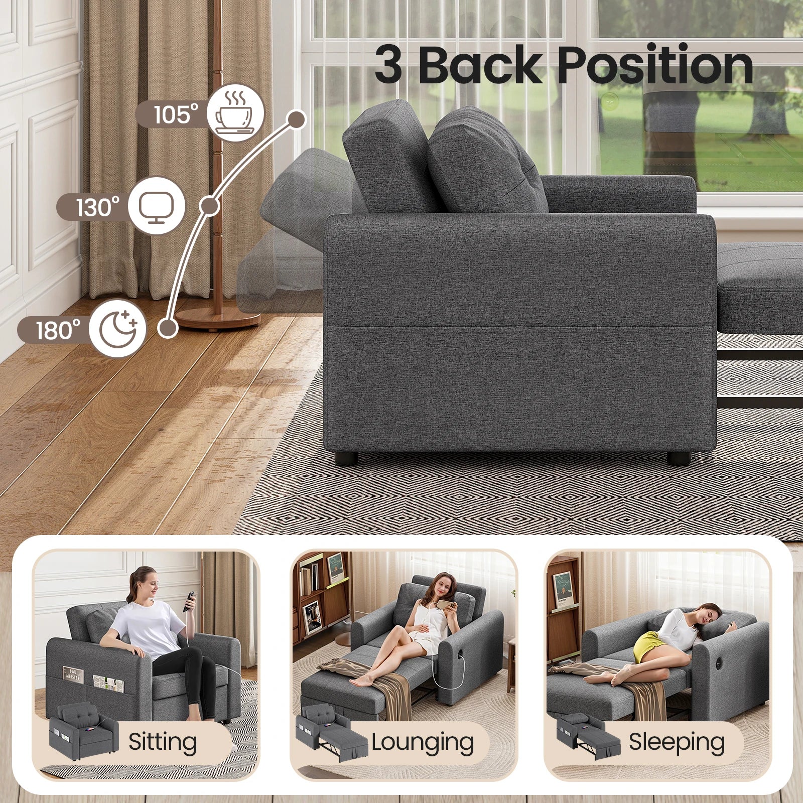 Single Sofa Bed, 3-in-1 Convertible Pull Out Sleeper Sofa Bed Chair with USB Ports & Side Pocket for Living Room, Guest Room
