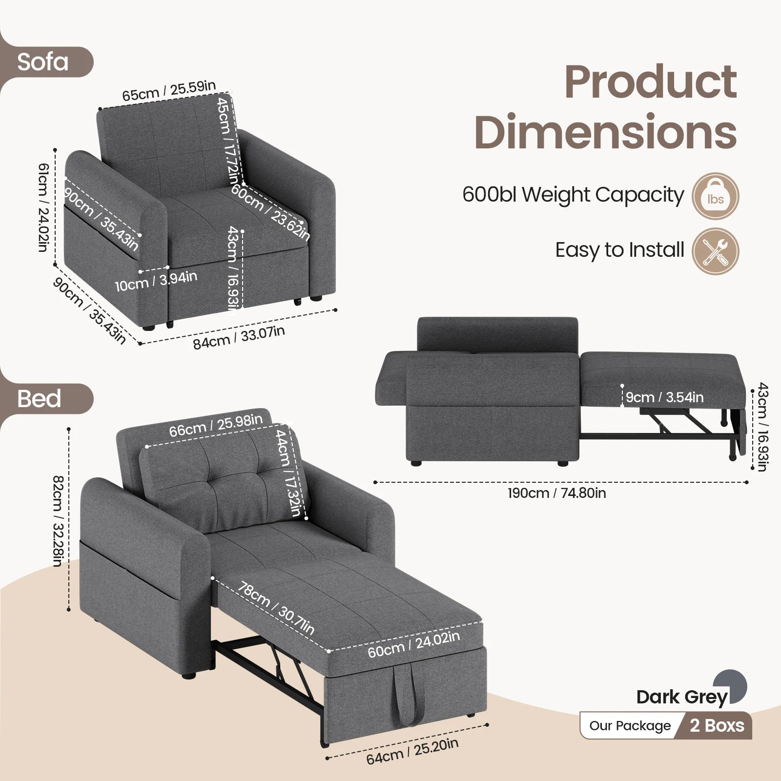 Single Sofa Bed, 3-in-1 Convertible Pull Out Sleeper Sofa Bed Chair with USB Ports & Side Pocket for Living Room, Guest Room