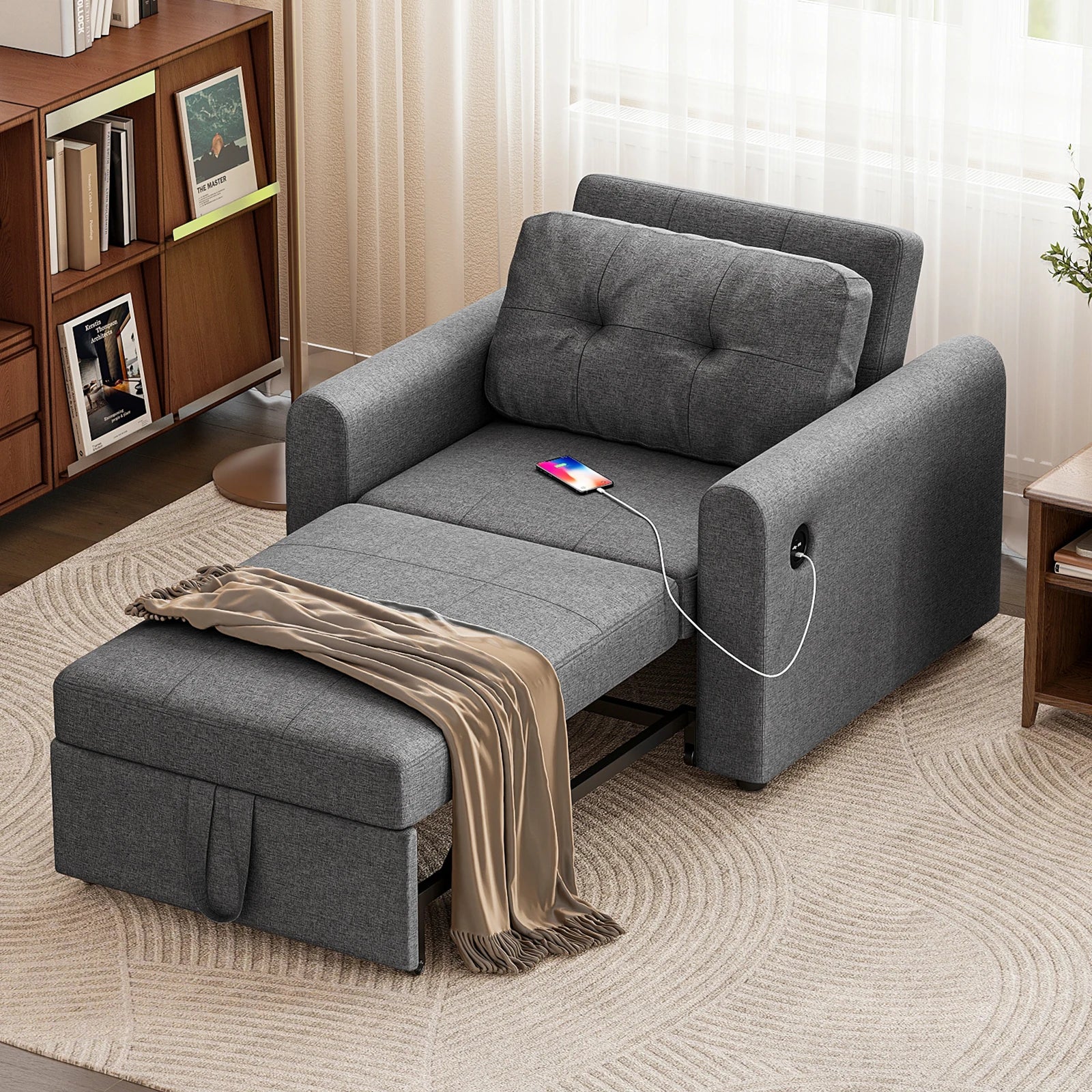 Single Sofa Bed, 3-in-1 Convertible Pull Out Sleeper Sofa Bed Chair with USB Ports & Side Pocket for Living Room, Guest Room
